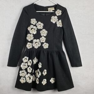 Vintage Feature Womens S Fit & Flare Wool Mini Dress Black Floral Applique Retro